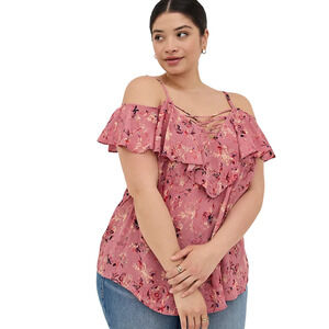 Torrid NWT Lace-Up Cold Shoulder Blouse - Georgette Floral Dusty Rose Size 6X